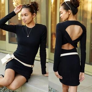 NWT Anthropologie Long-Sleeve Twist-Back Mini Dress XXS Black Backless Bodycon